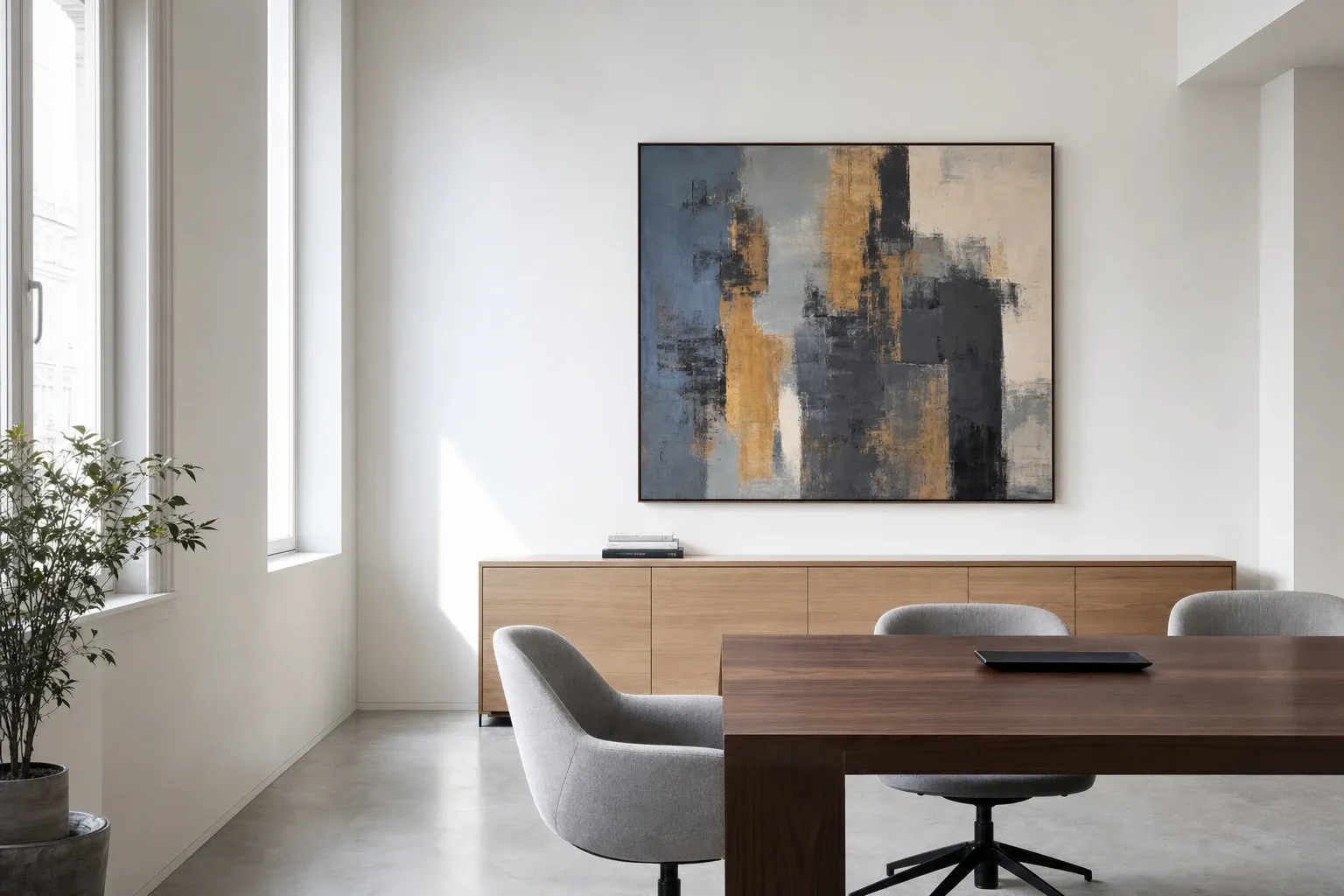 Une salle de réunion lumineuse avec une grande peinture abstraite